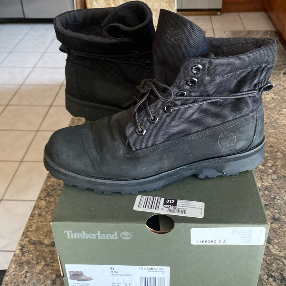 Black Timberland and roll top boots size 5 youth